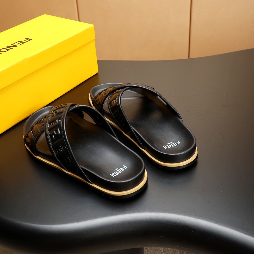 Fendi Men's Elegant Leather Cross Strap Slides Sandals, Black, Size 38-46 6 i1723733092 2594 7