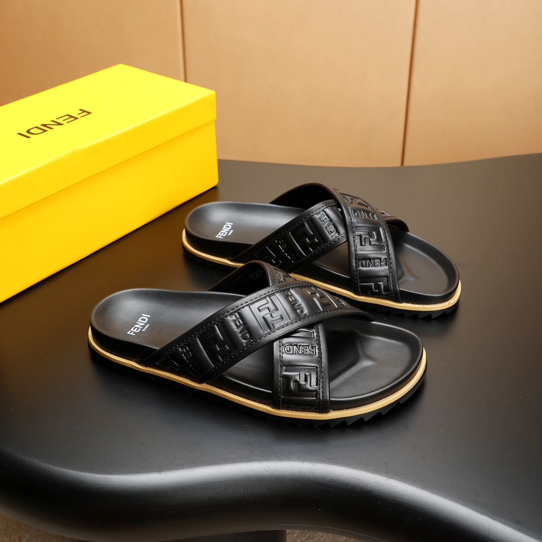 Fendi Men's Elegant Leather Cross Strap Slides Sandals, Black, Size 38-46 3 i1723733092 3502 8