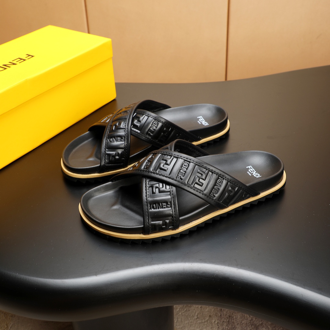 Fendi Men's Elegant Leather Cross Strap Slides Sandals, Black, Size 38-46 1 Fendi Men's Elegant Leather Cross Strap Slides Sandals, Black, Size 38-46
