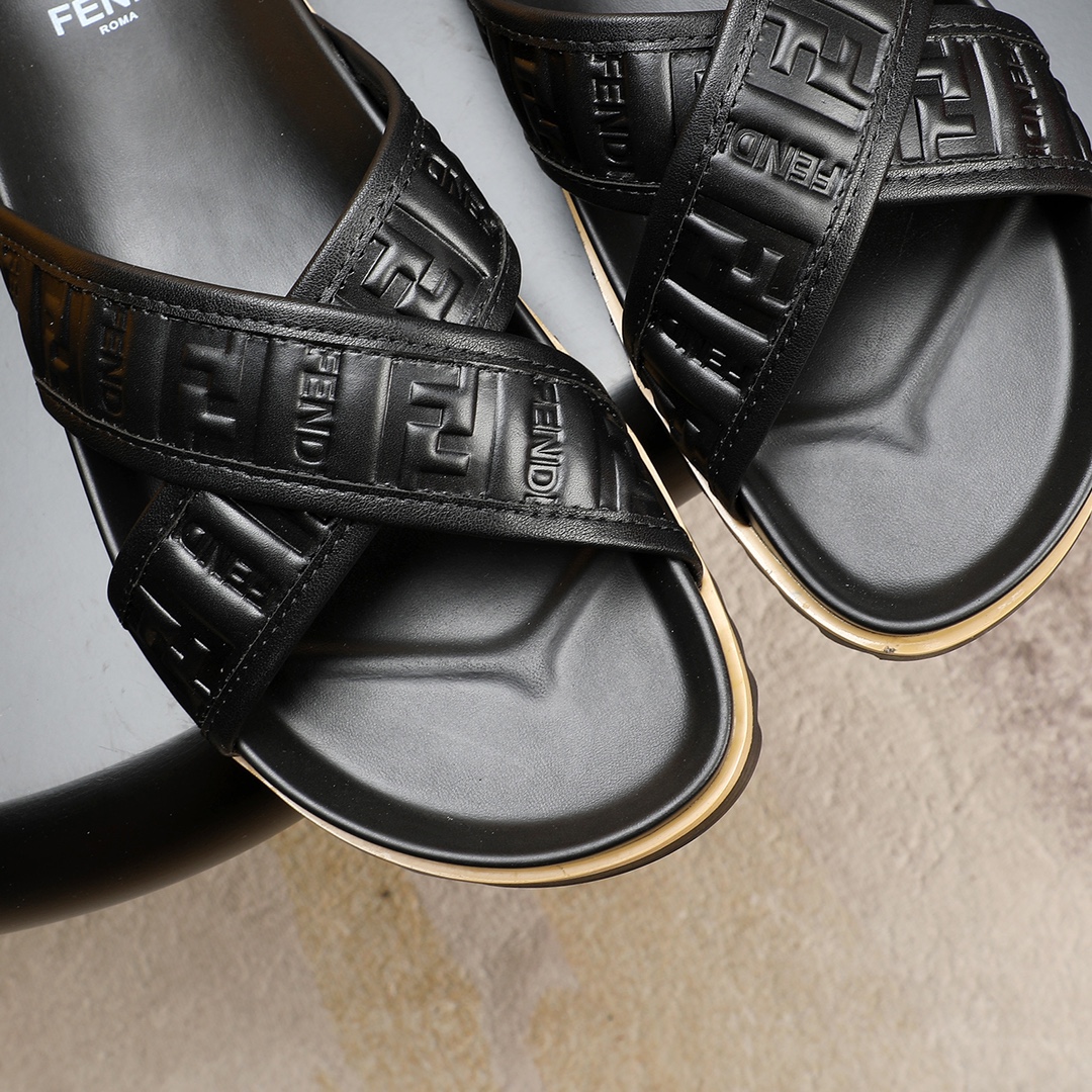 Fendi Men's Elegant Leather Cross Strap Slides Sandals, Black, Size 38-46 10 i1723733092 6308 1