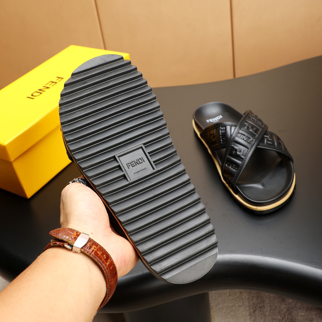 Fendi Men's Elegant Leather Cross Strap Slides Sandals, Black, Size 38-46 8 i1723733092 7614 4