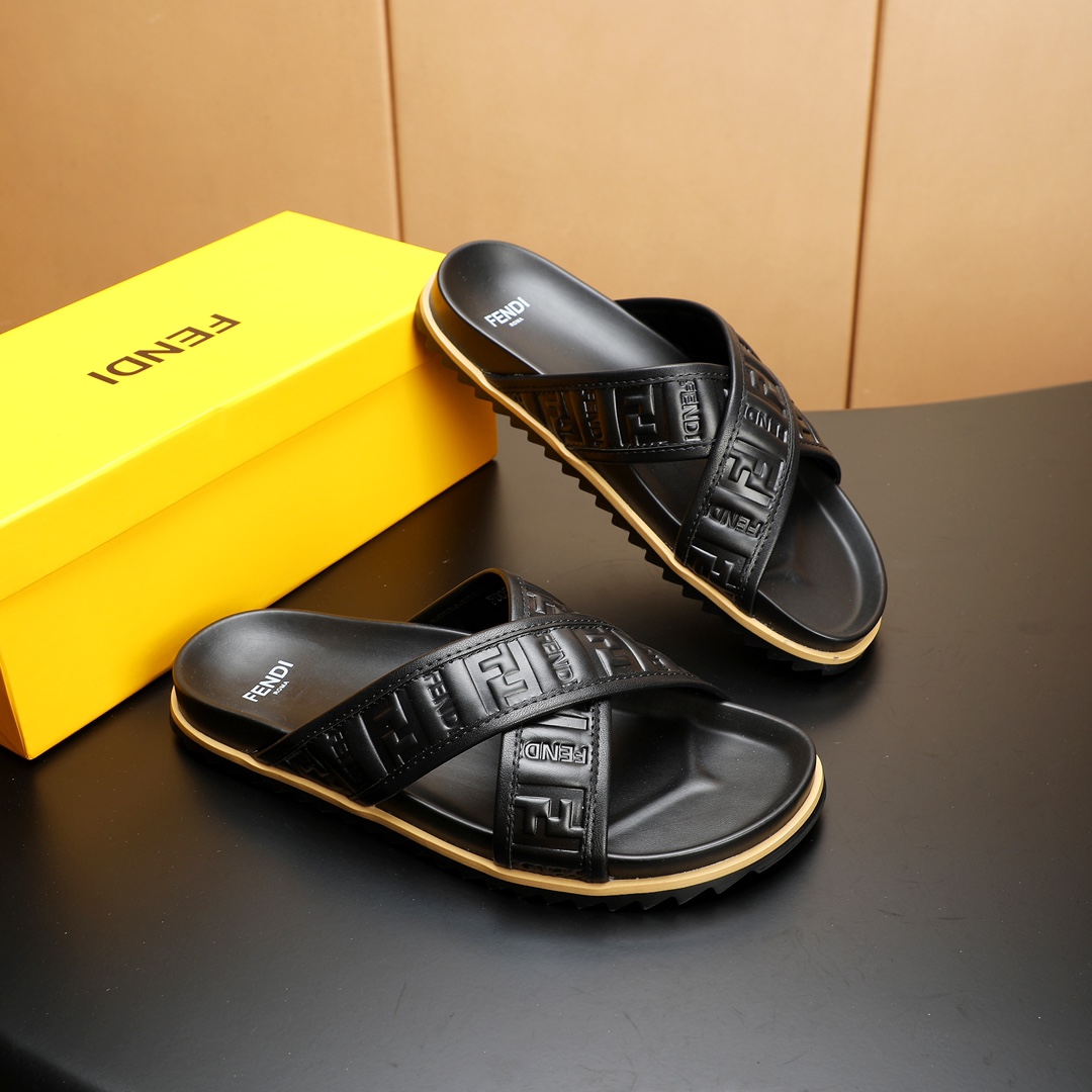 Fendi Men's Elegant Leather Cross Strap Slides Sandals, Black, Size 38-46 4 i1723733092 8141 3