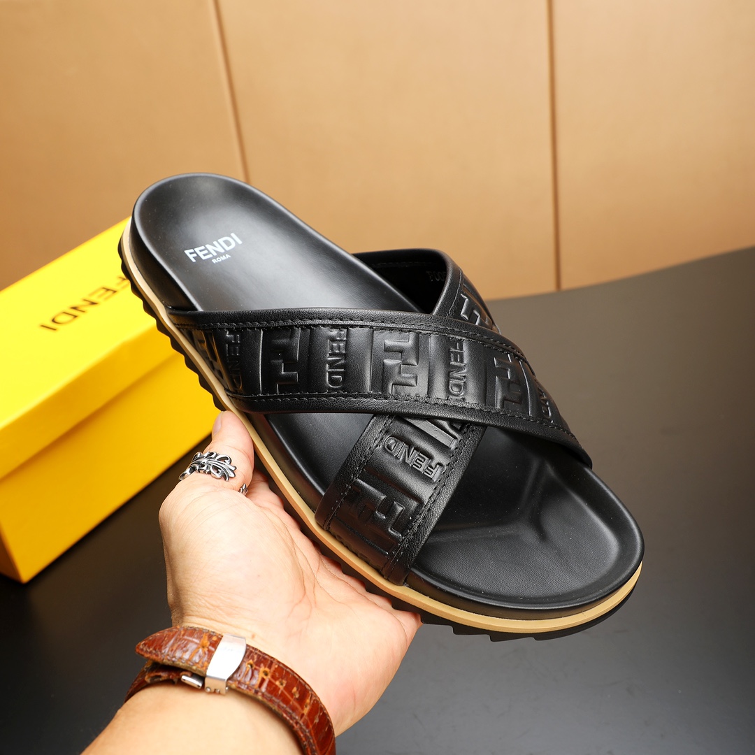 Fendi Men's Elegant Leather Cross Strap Slides Sandals, Black, Size 38-46 5 i1723733092 9110 2