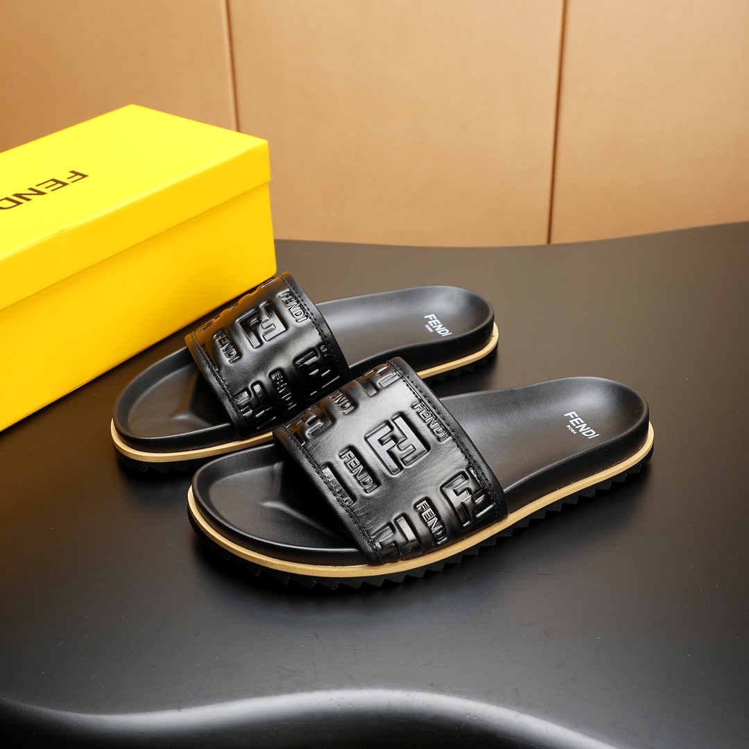Fendi Men's Leather Slide Sandals - Black, Embossed Logo, Sizes 38-46 3 i1723733130 1505 8