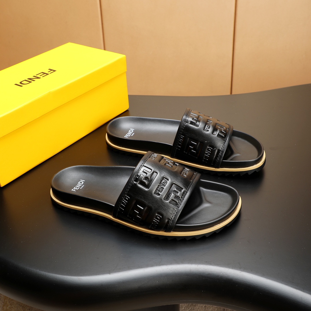 Fendi Men's Leather Slide Sandals - Black, Embossed Logo, Sizes 38-46 4 i1723733130 4351 5