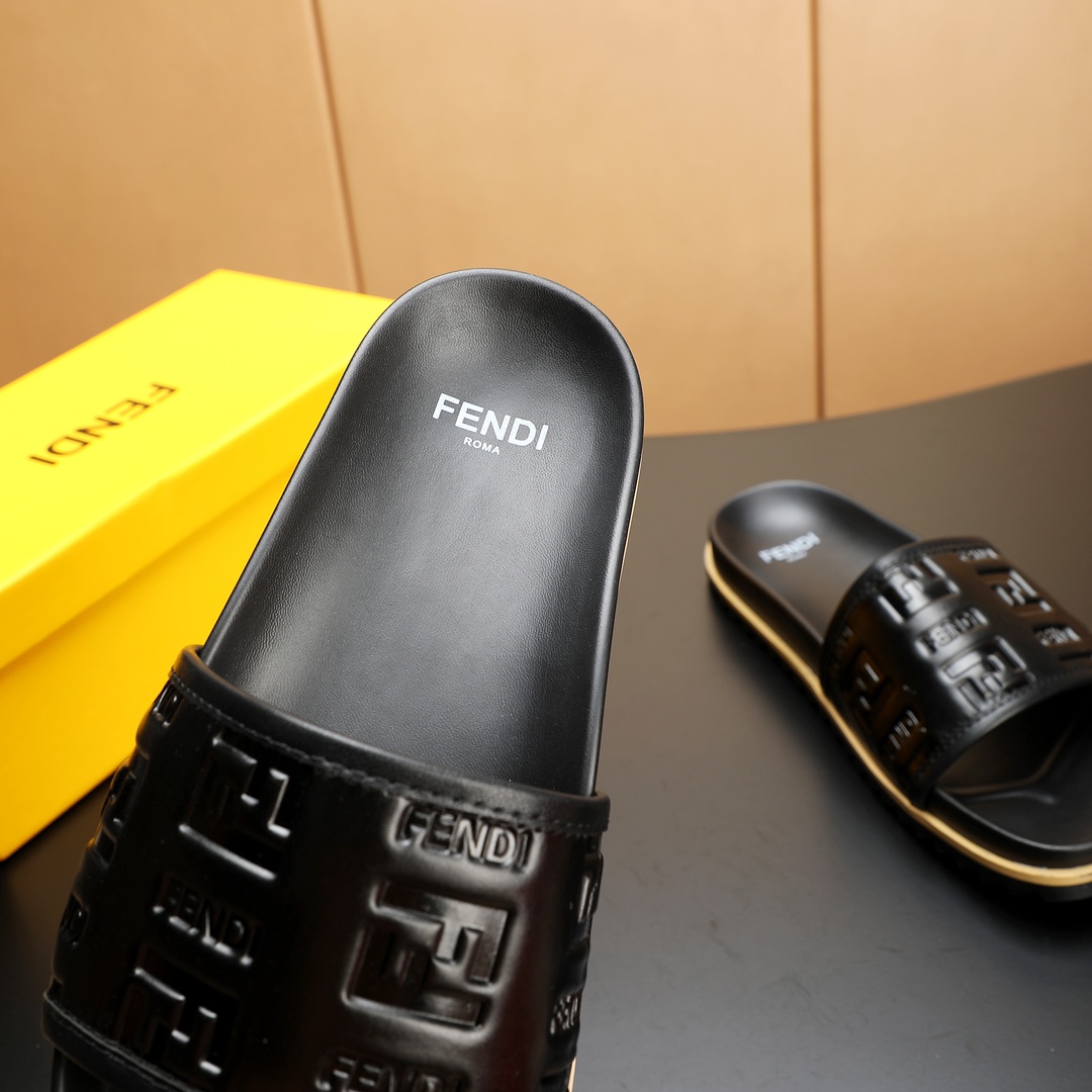 Fendi Men's Leather Slide Sandals - Black, Embossed Logo, Sizes 38-46 8 i1723733130 8571 2