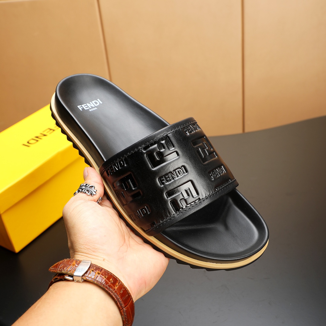 Fendi Men's Leather Slide Sandals - Black, Embossed Logo, Sizes 38-46 5 i1723733130 8746 6