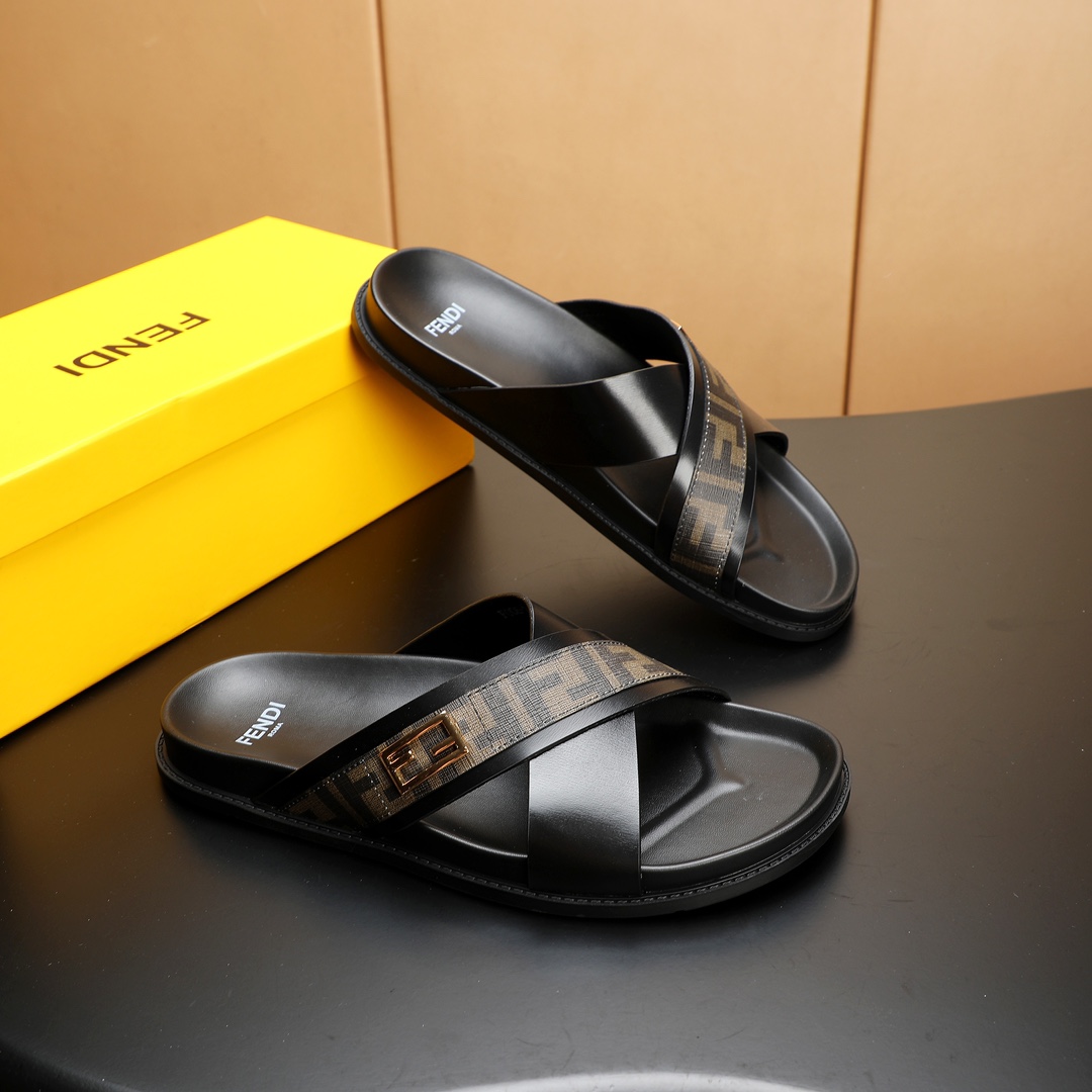Fendi Men's FF Motif Leather Cross Strap Sandals Slides, Black 3 i1723733312 1375 4