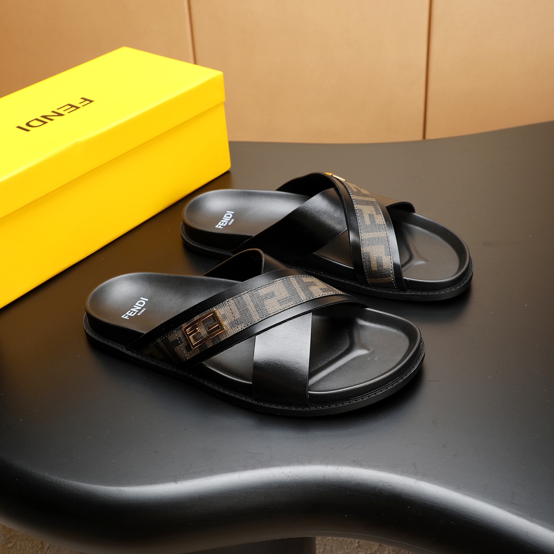 Fendi Men's FF Motif Leather Cross Strap Sandals Slides, Black 1 Fendi Men's FF Motif Leather Cross Strap Sandals Slides, Black