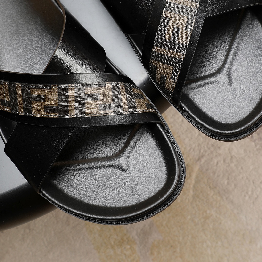 Fendi Men's FF Motif Leather Cross Strap Sandals Slides, Black 8 i1723733312 6412 5