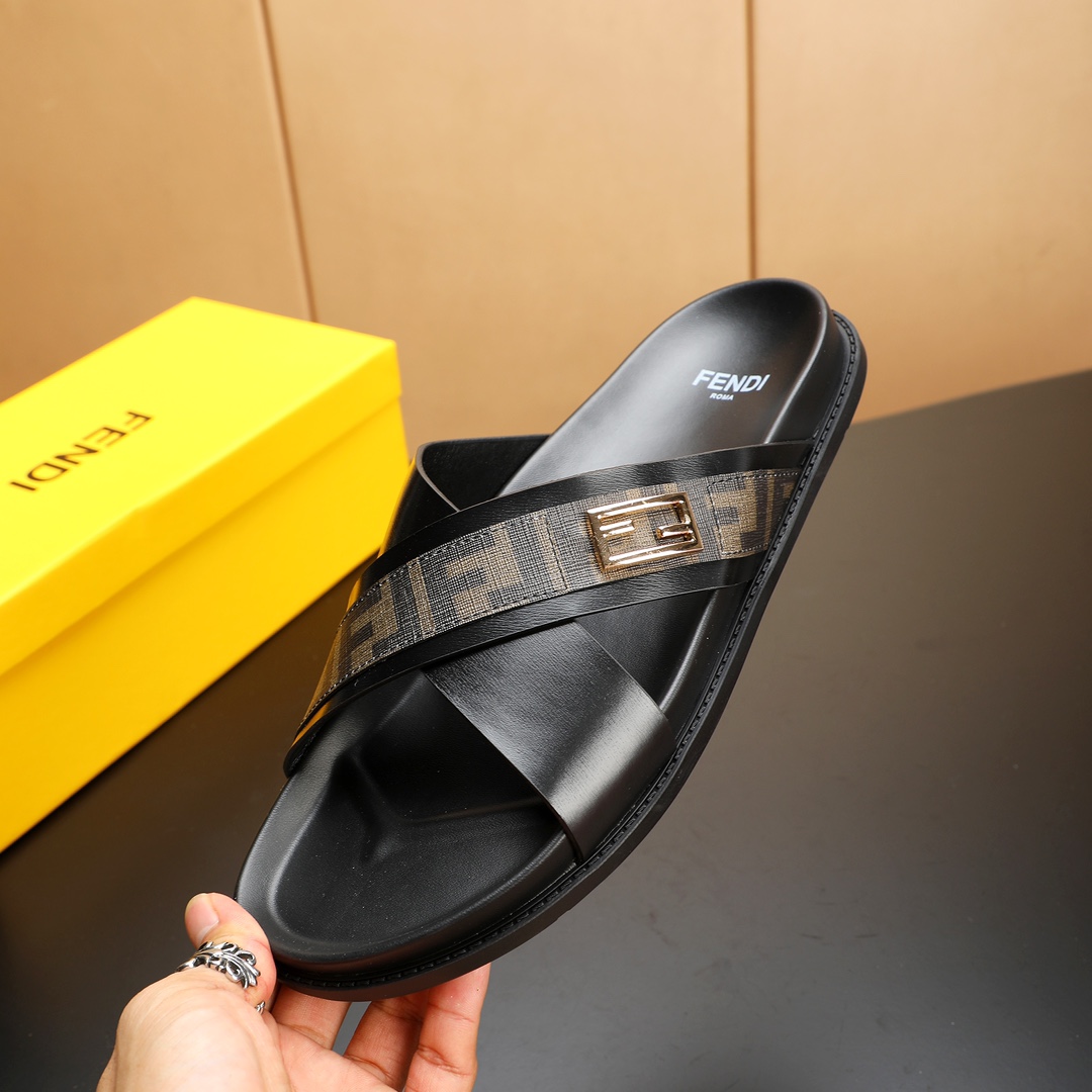 Fendi Men's FF Motif Leather Cross Strap Sandals Slides, Black 6 i1723733312 6445 0