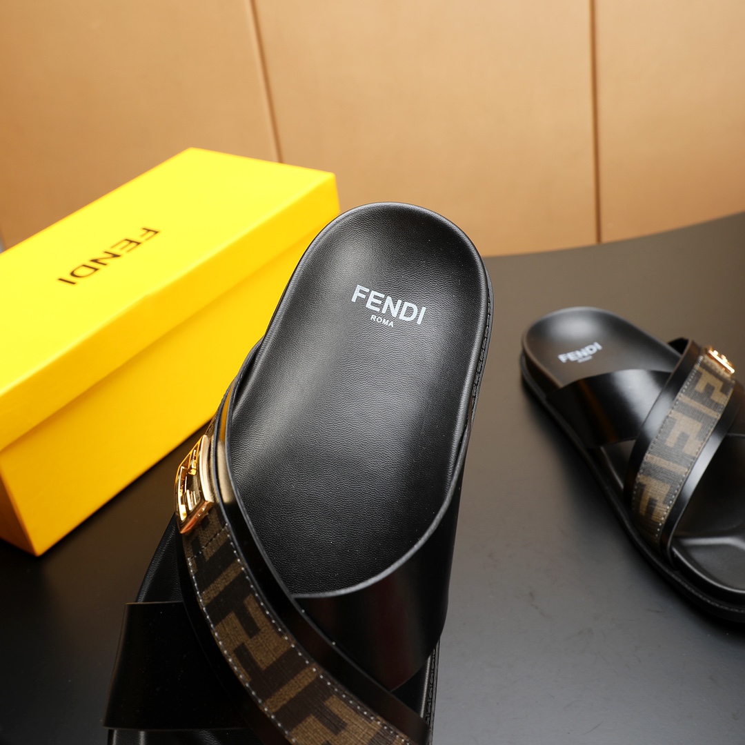Fendi Men's FF Motif Leather Cross Strap Sandals Slides, Black 7 i1723733312 7153 1