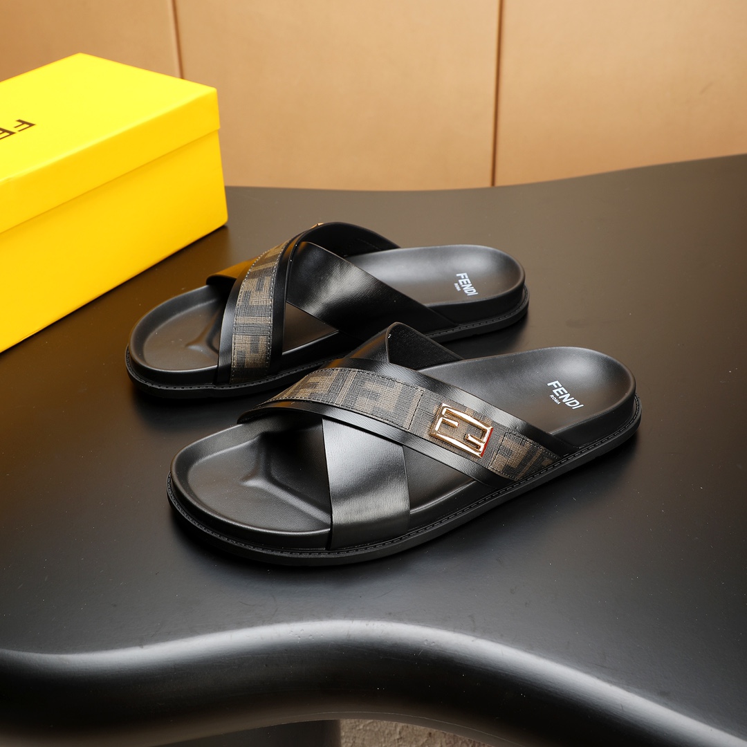 Fendi Men's FF Motif Leather Cross Strap Sandals Slides, Black 4 i1723733312 8707 7