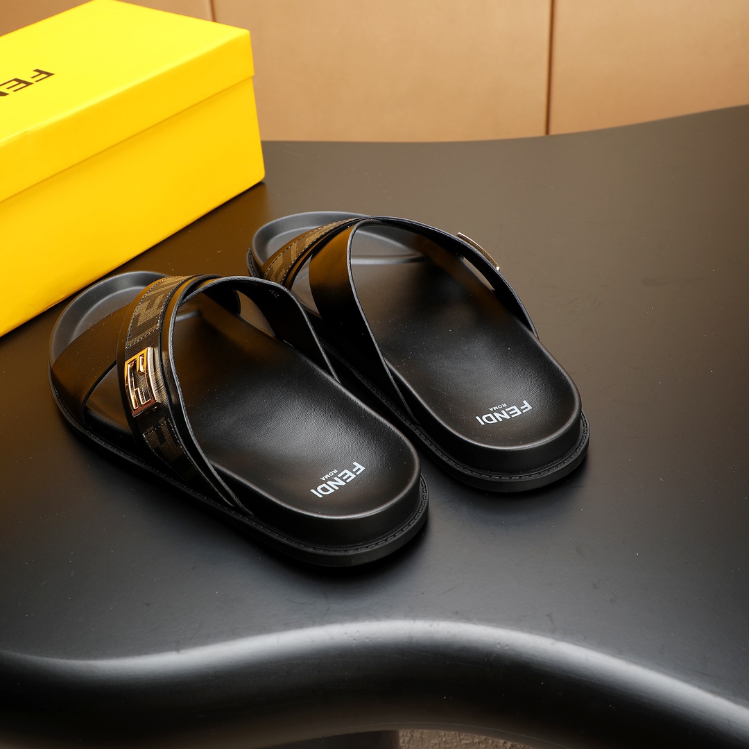 Fendi Men's FF Motif Leather Cross Strap Sandals Slides, Black 9 i1723733312 9077 3