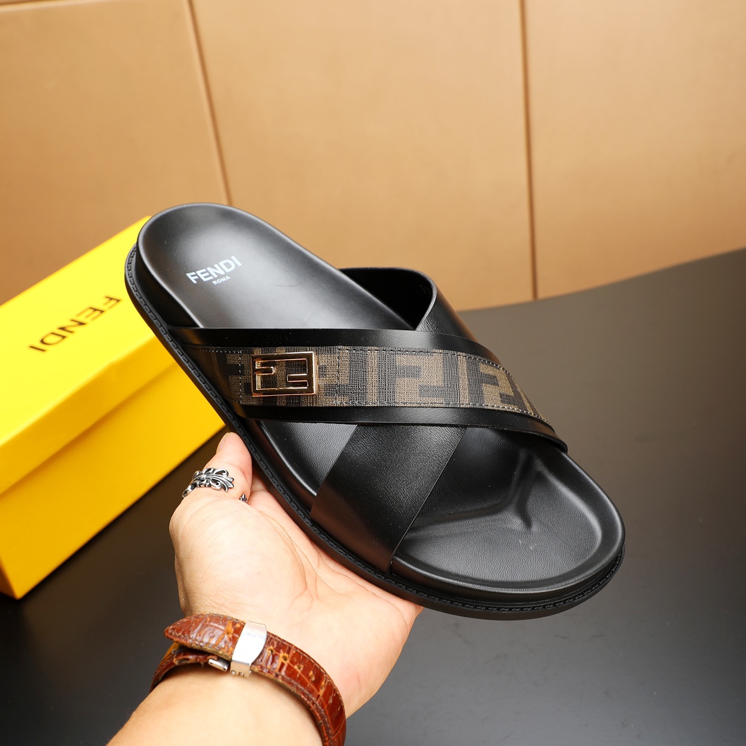 Fendi Men's FF Motif Leather Cross Strap Sandals Slides, Black 5 i1723733312 927 2