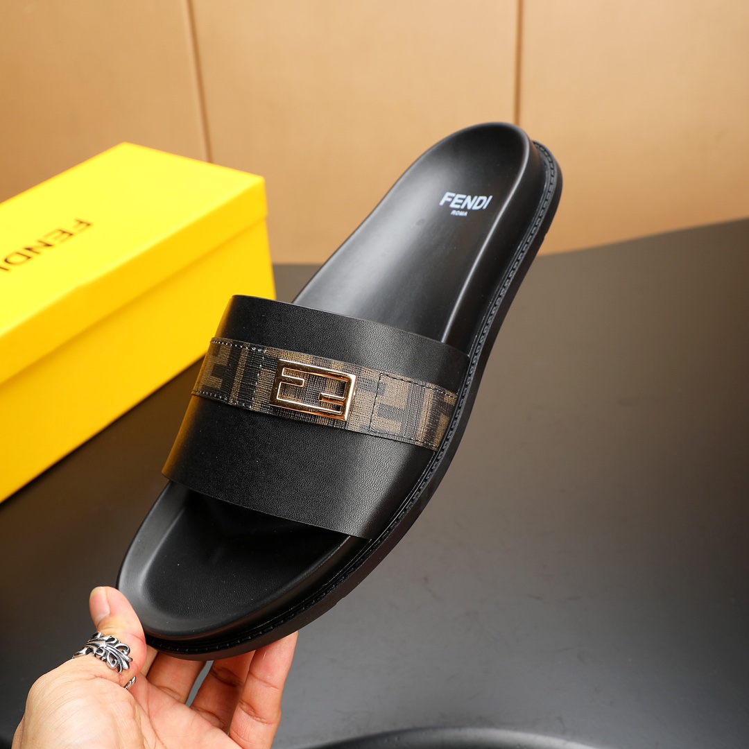 Fendi Men's Leather Slides in Black with Signature Logo Strap, Sizes 38-46 7 i1723733365 2030 7