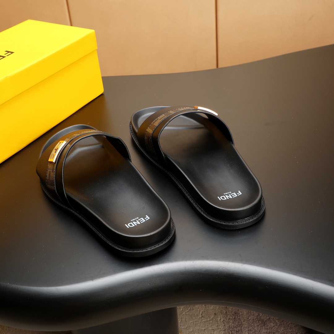 Fendi Men's Leather Slides in Black with Signature Logo Strap, Sizes 38-46 5 i1723733365 2170 4