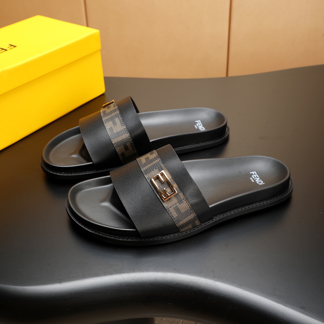 Fendi Men's Leather Slides in Black with Signature Logo Strap, Sizes 38-46 2 i1723733365 4507 1