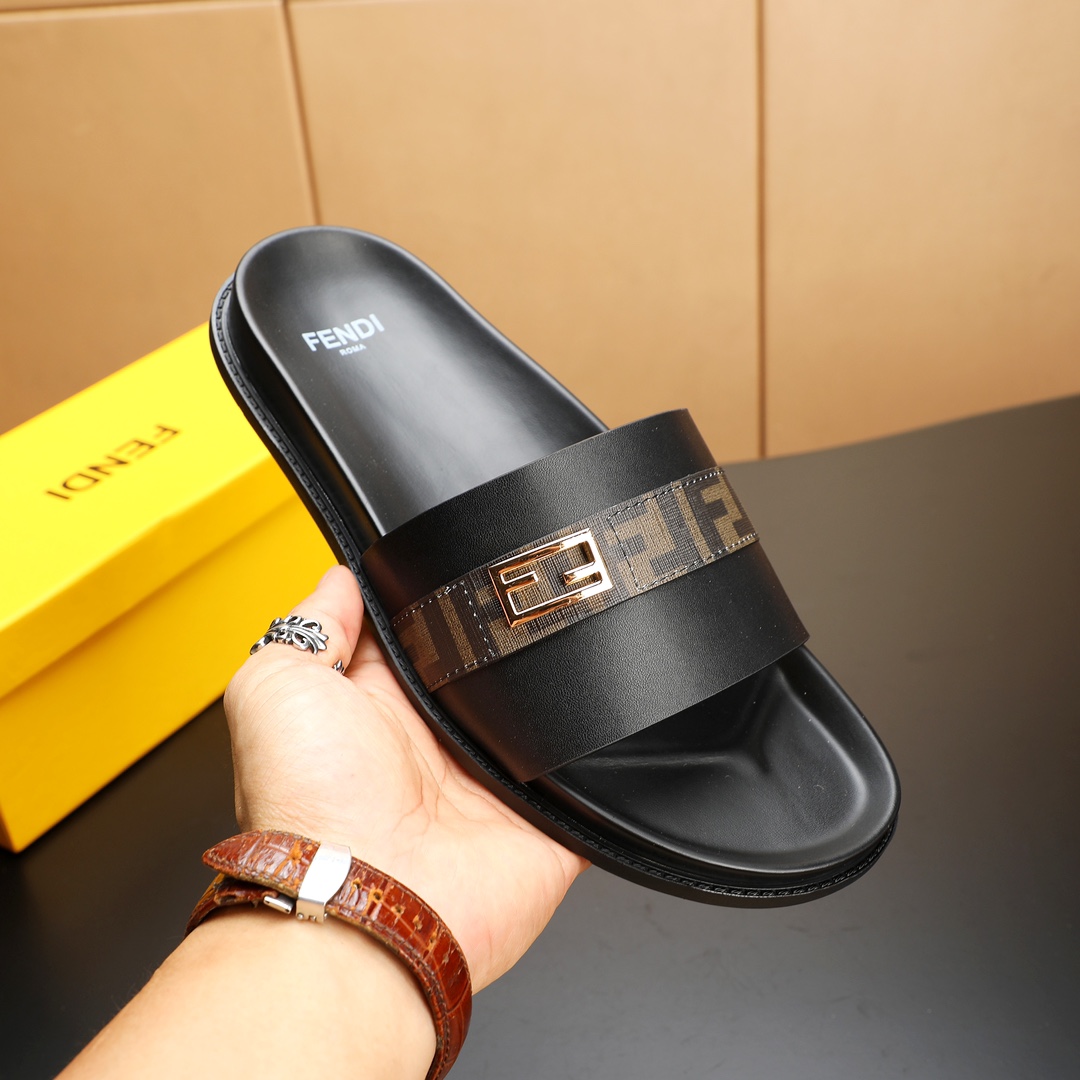 Fendi Men's Leather Slides in Black with Signature Logo Strap, Sizes 38-46 6 i1723733365 5186 8