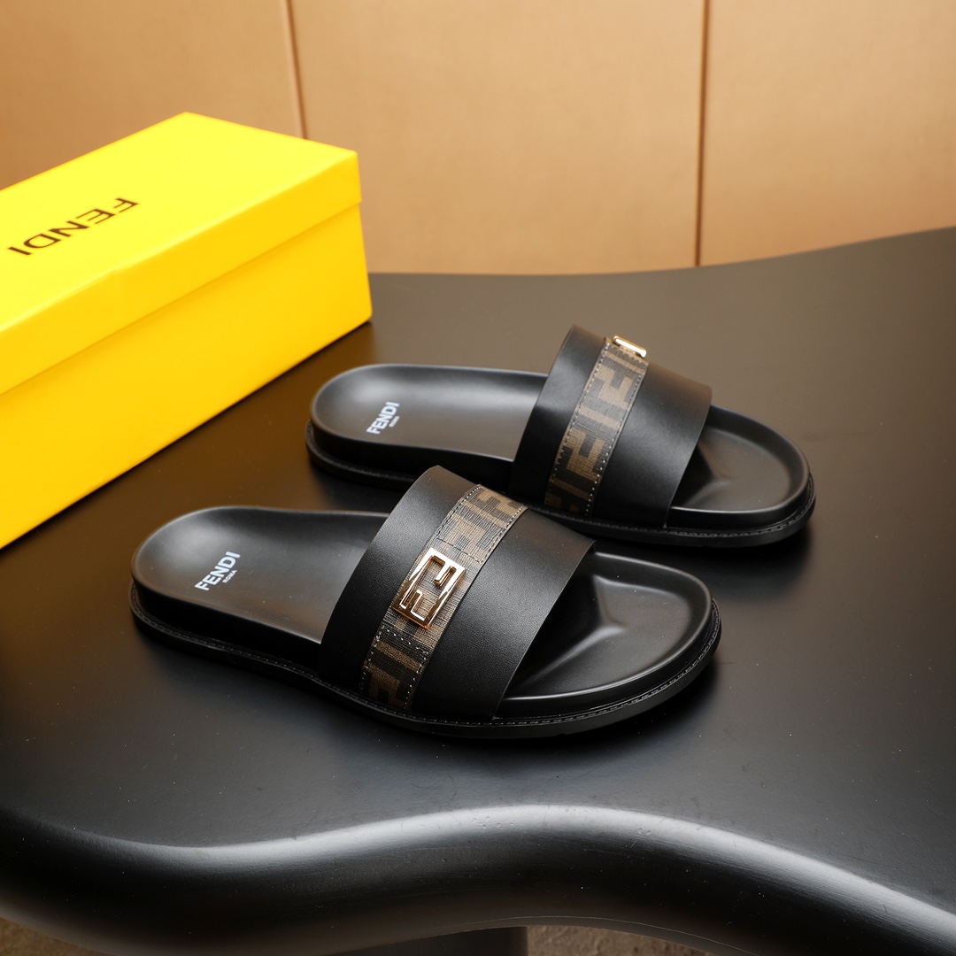 Fendi Men's Leather Slides in Black with Signature Logo Strap, Sizes 38-46 4 i1723733365 5825 5