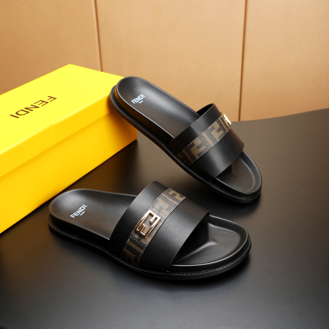 Fendi Men's Leather Slides in Black with Signature Logo Strap, Sizes 38-46 3 i1723733365 6690 6