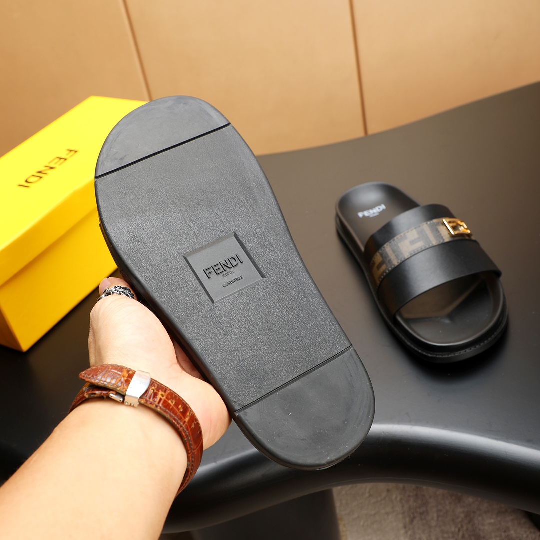 Fendi Men's Leather Slides in Black with Signature Logo Strap, Sizes 38-46 10 i1723733365 7773 0