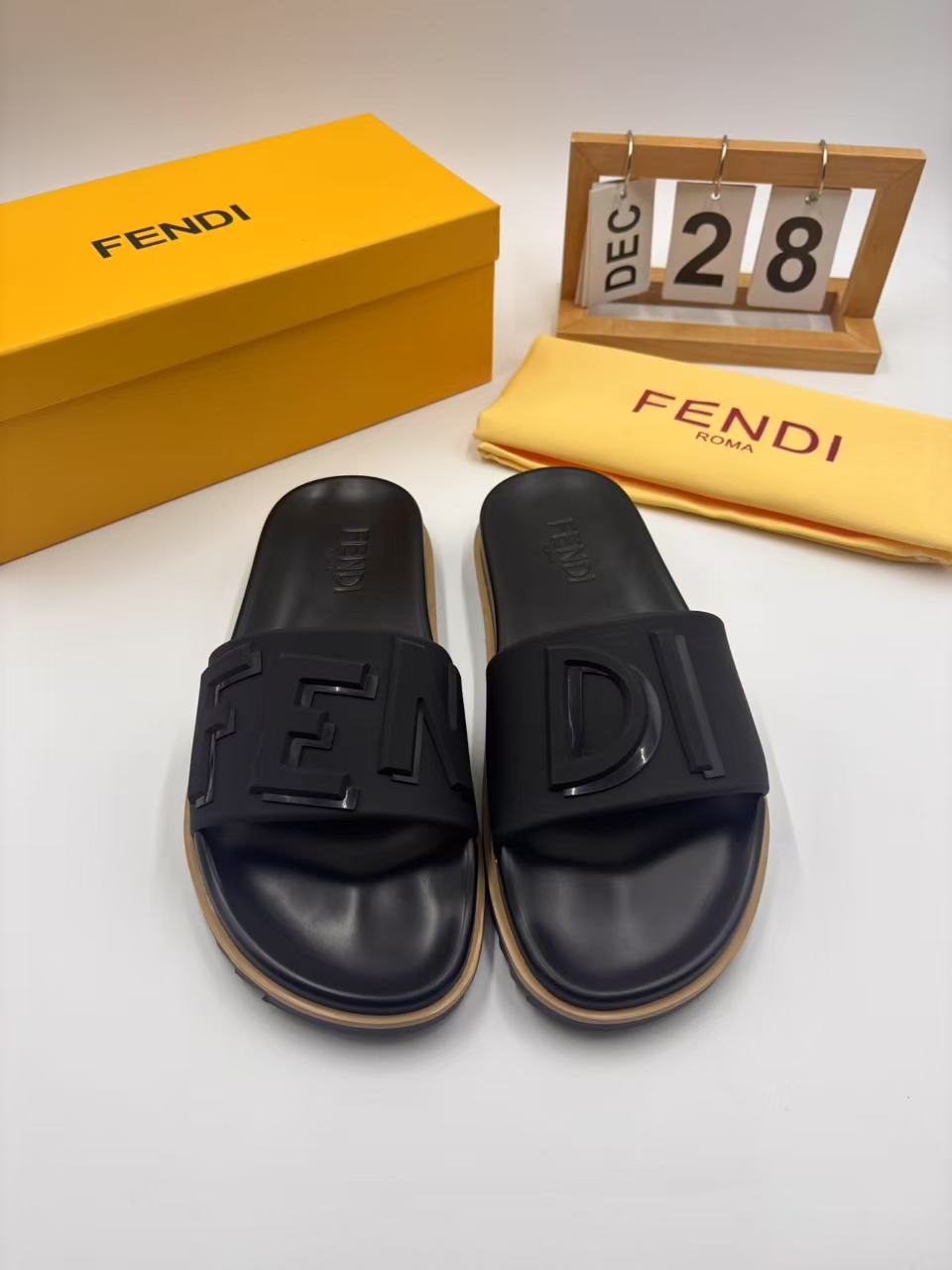 Fendi Men's Black Rubber Logo Pool Slides Sandals, Fashion and Comfortable 2 i1742745771531 5931 0 0
