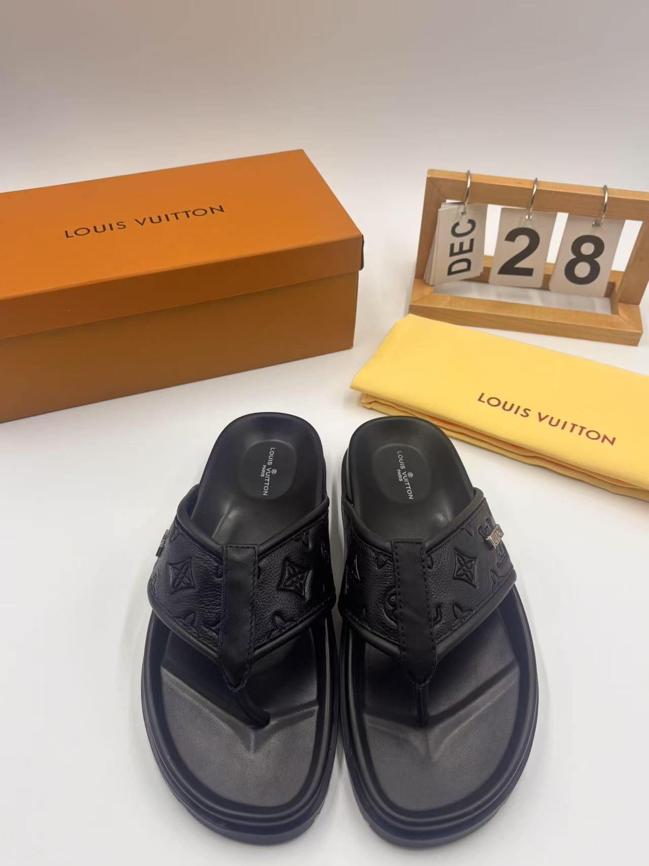 Louis Vuitton Men's Black Leather Monogram Casual Thong Sandals, Sizes 38-46