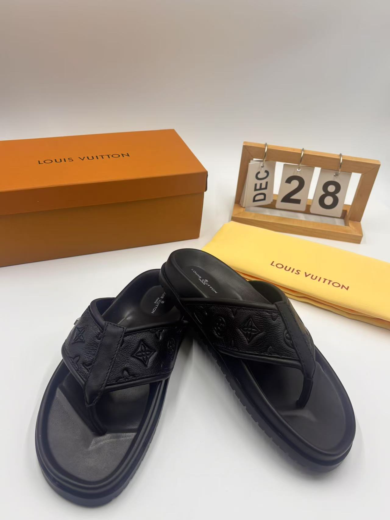 Louis Vuitton Men's Black Leather Monogram Casual Thong Sandals, Sizes 38-46 5 i1742746149039 5676 0 3