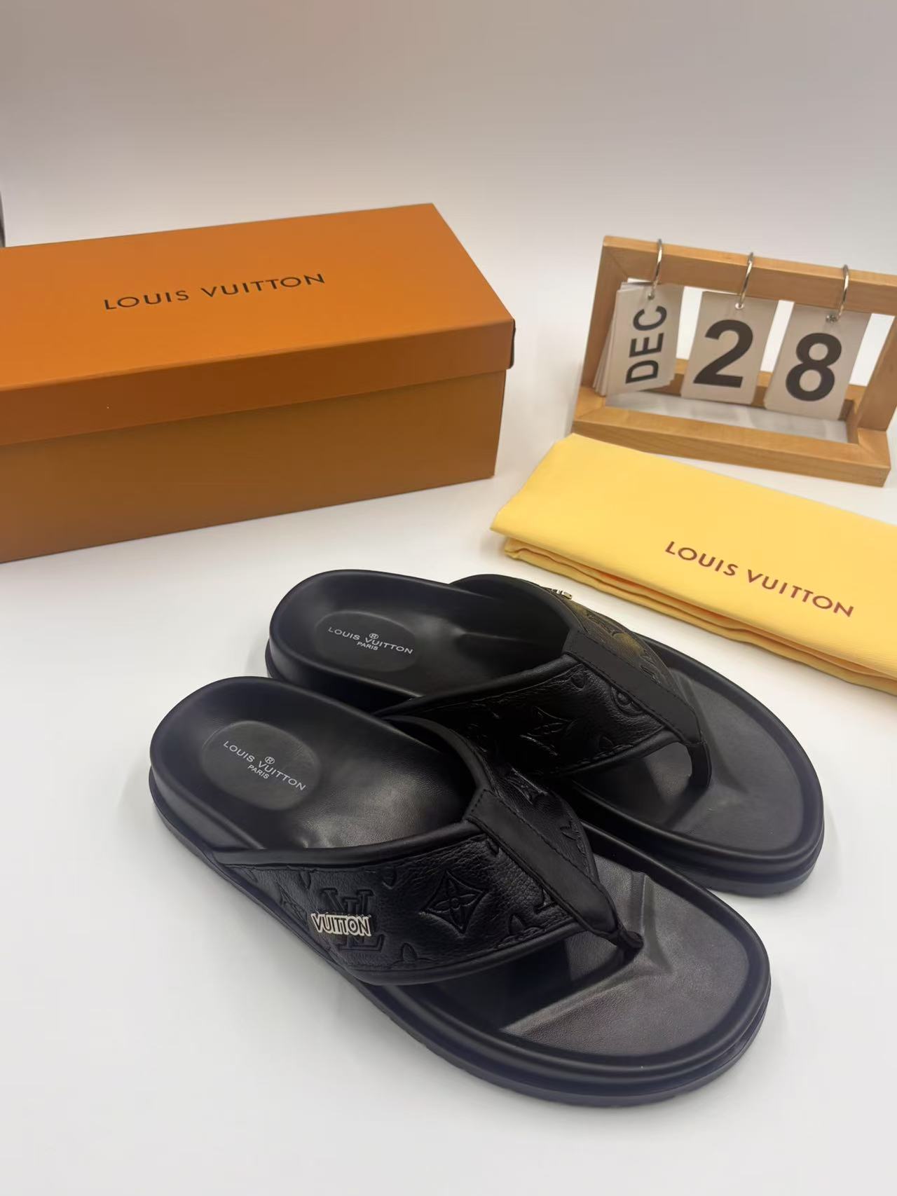 Louis Vuitton Men's Black Leather Monogram Casual Thong Sandals, Sizes 38-46 3 i1742746149039 9795 0 1
