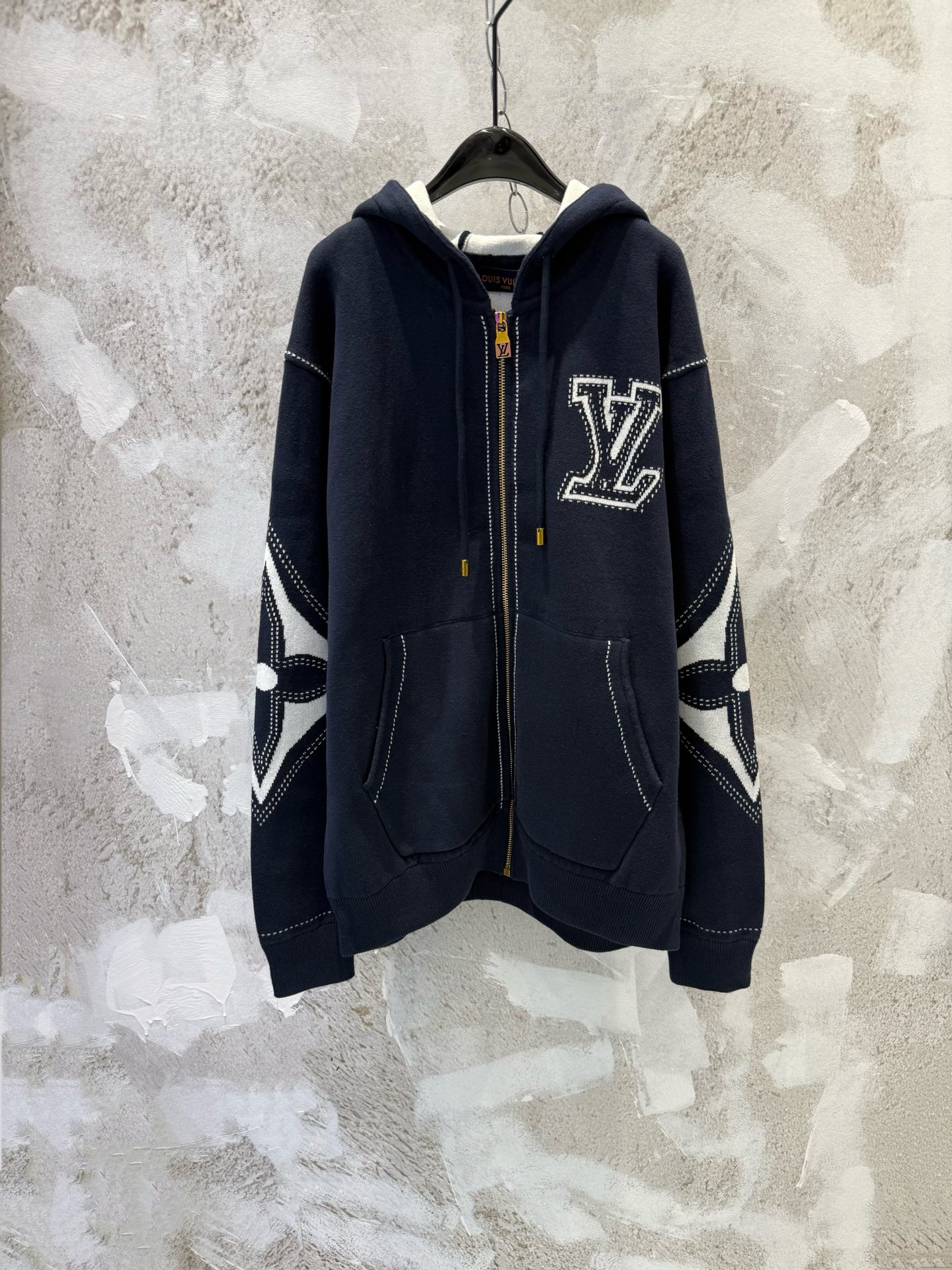 P210 1v letter Monograma floral intarsia cremallera algodón cremallera sudadera con capucha chaqueta tipo suéter [Azul …