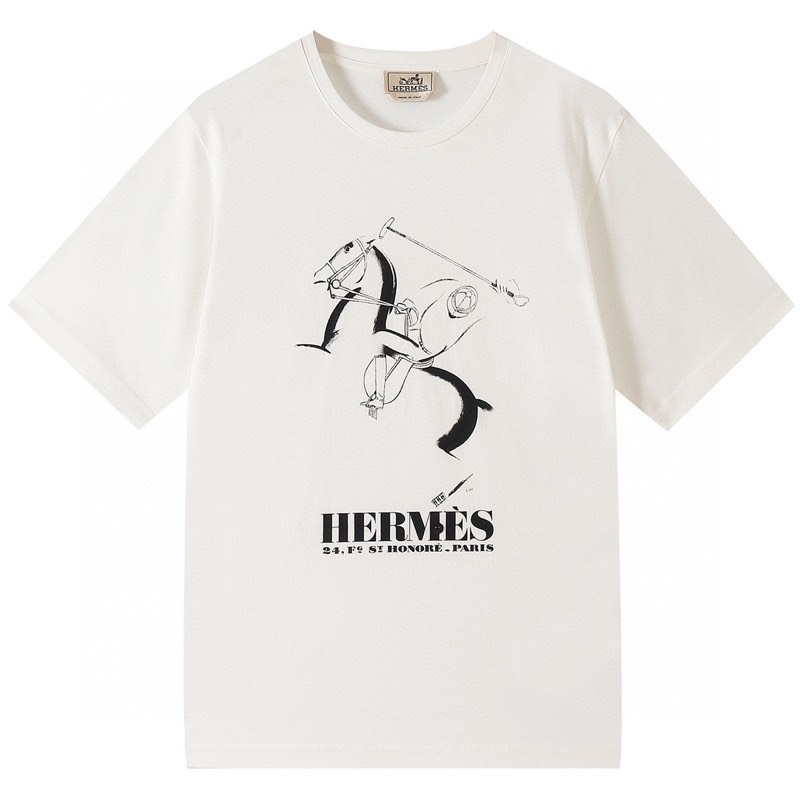 Hermes Clothing T-Shirt Black White Printing Combed Cotton Spring/Summer Collection Short Sleeve