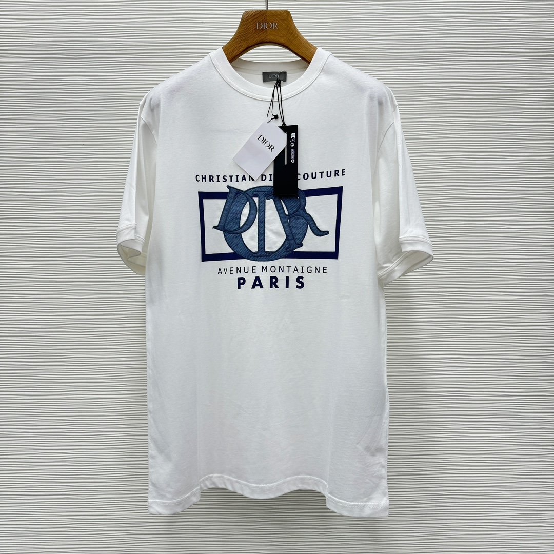 Dior Clothing T-Shirt White Embroidery Cotton Knitting Short Sleeve