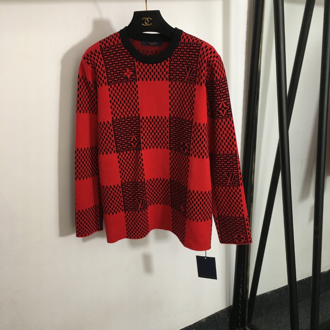 Louis Vuitton Clothing Knit Sweater Red Lattice Knitting Wool Long Sleeve