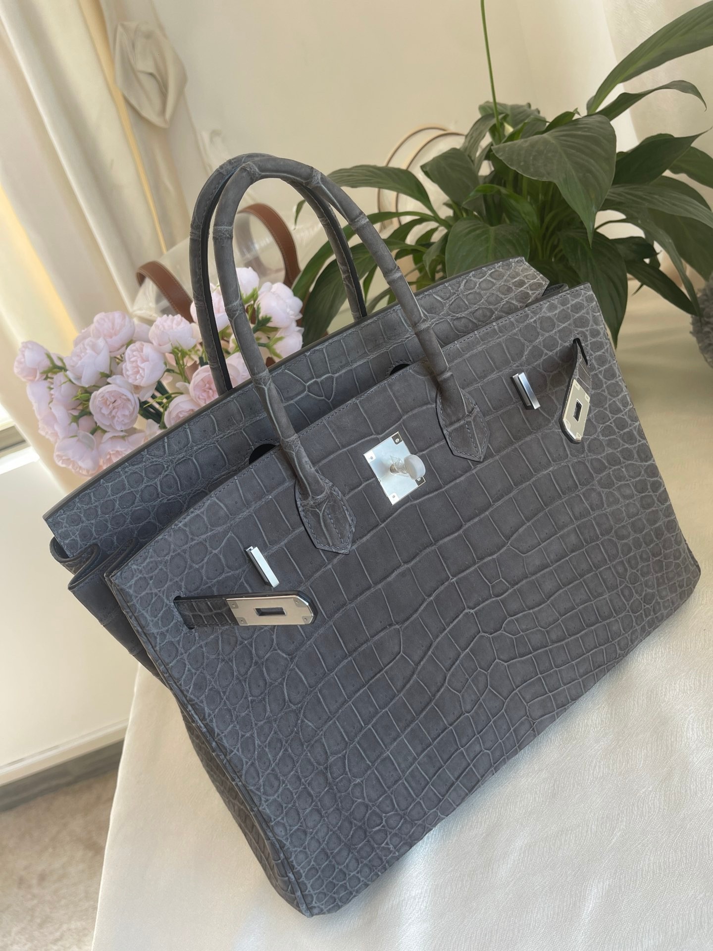 Hermes Birkin Bags Handbags Grey Platinum Silver Hardware Crocodile Leather