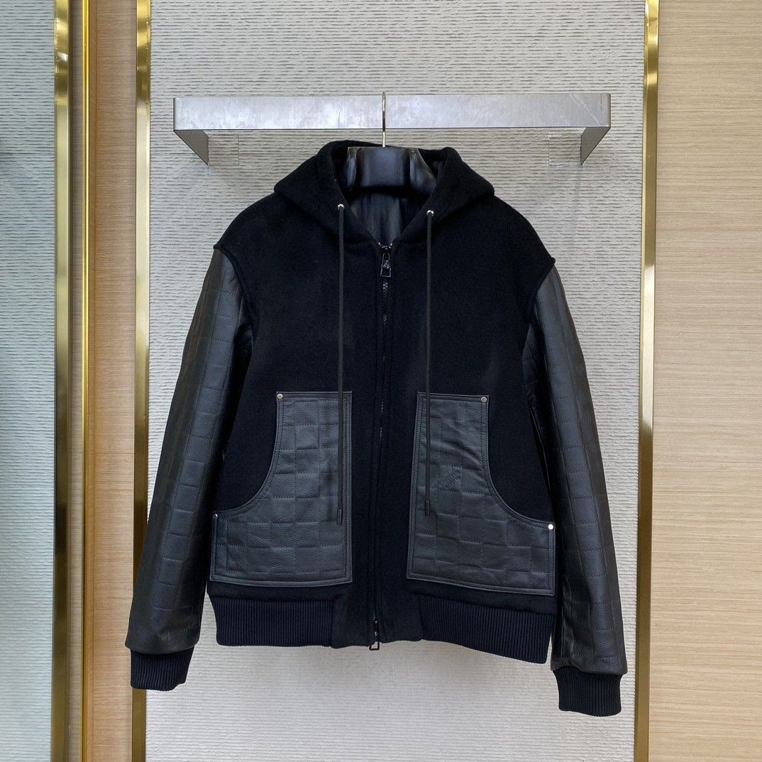 Louis Vuitton Clothing Coats & Jackets Splicing Unisex Genuine Leather Wool Fashion Hooded Top