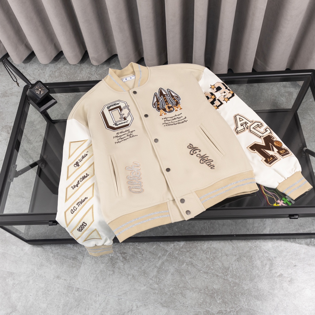 Versión superior AC Milan ✖️ Offwhite chaqueta de béisbol para hombre y mujer, con pedrería termoadhesiva, gruesa. ¡Pre…