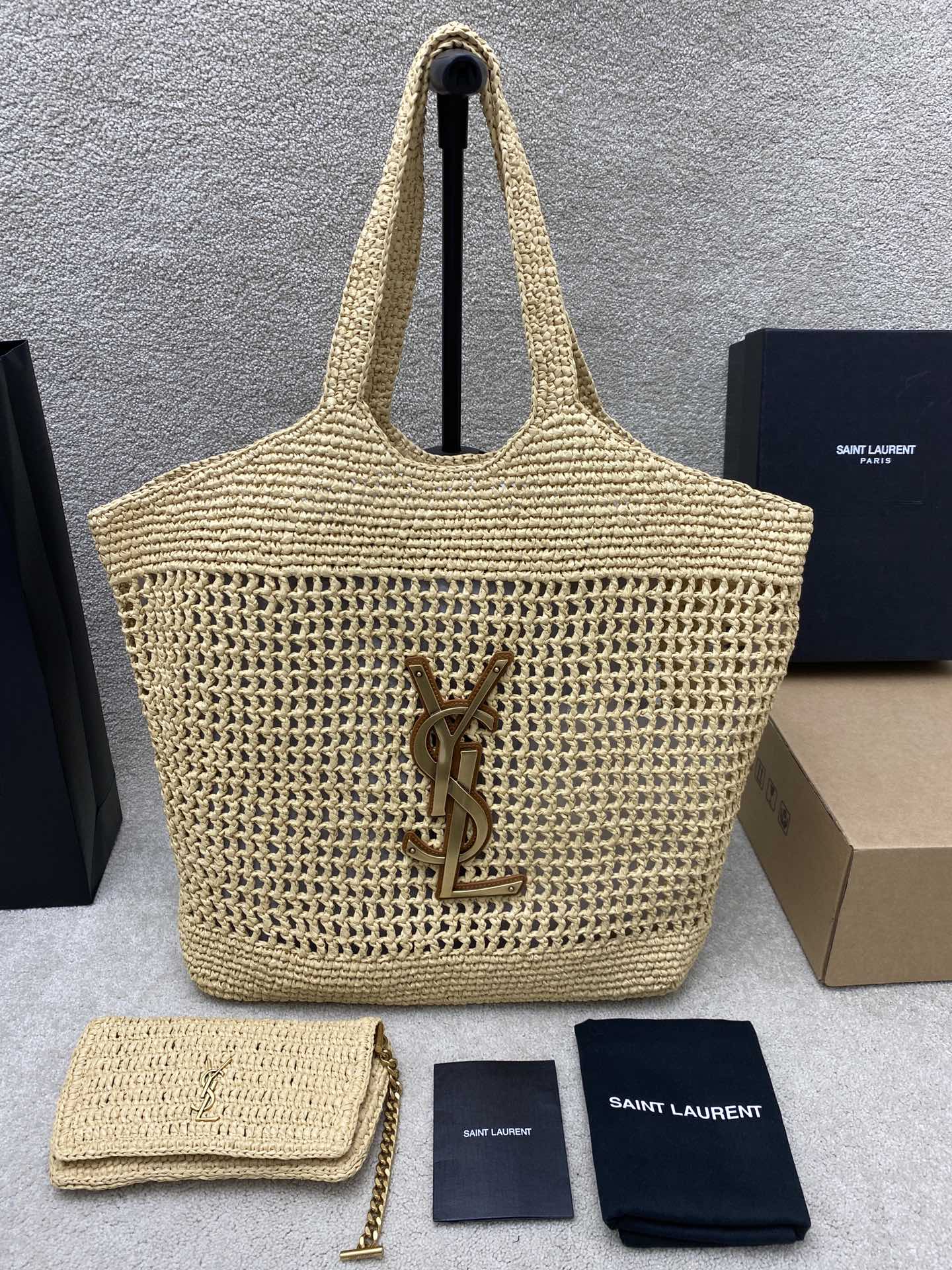Saint Laurent Icare Raffia Woven Shopping Bag with Golden Logo, Large Capacity 2 i1712743655 187 0
