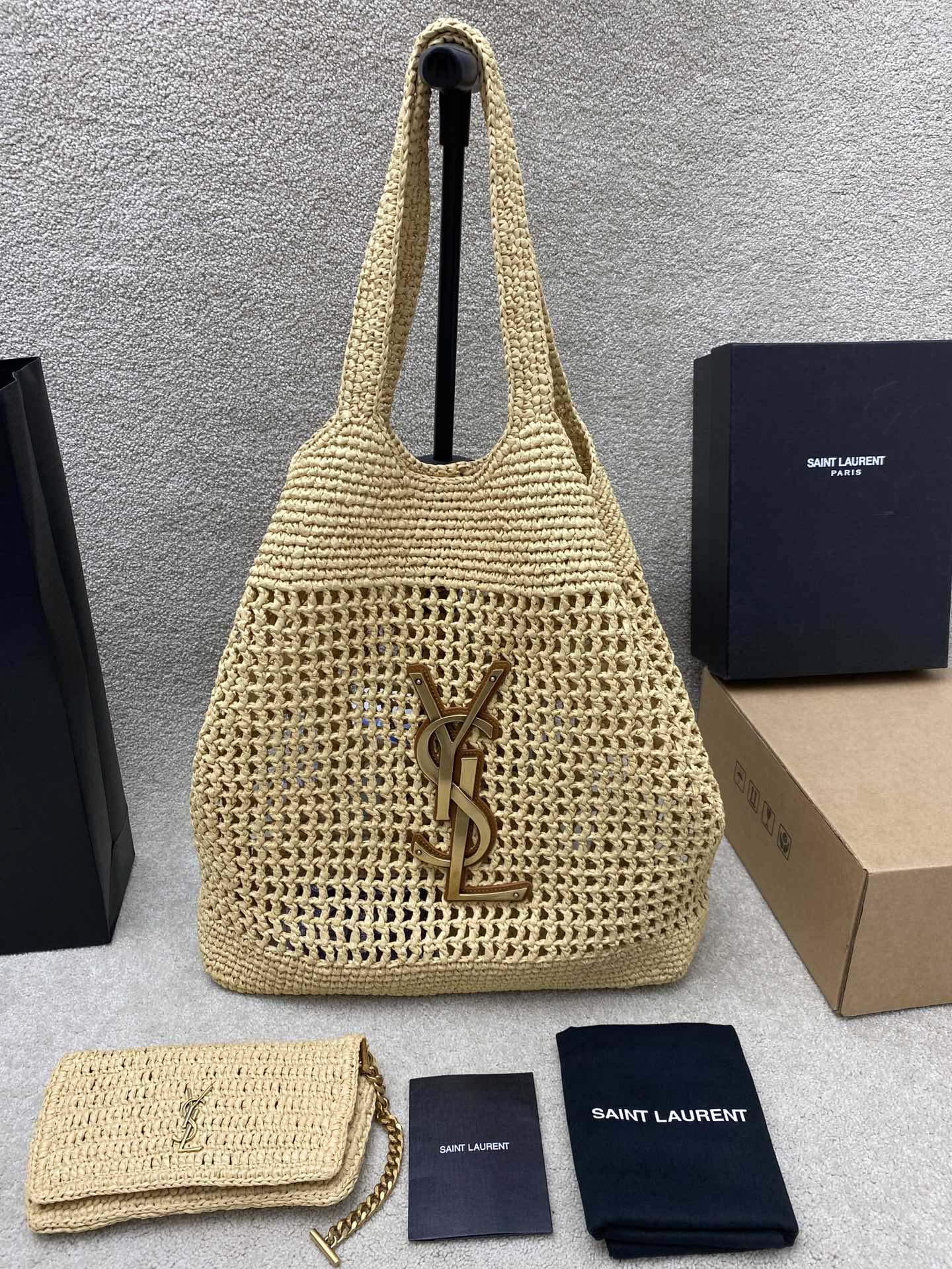 Saint Laurent Icare Raffia Woven Shopping Bag with Golden Logo, Large Capacity 4 i1712743655 9650 2