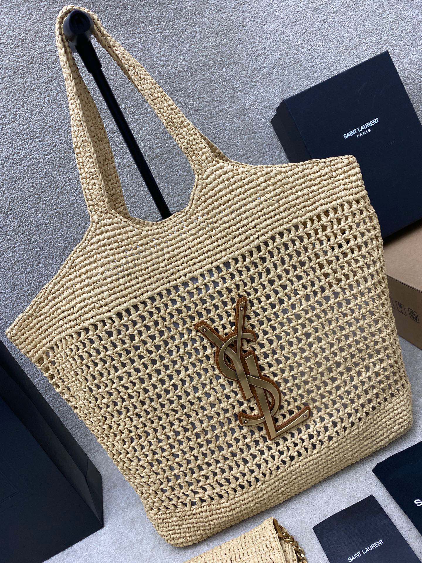 Saint Laurent Icare Raffia Woven Shopping Bag with Golden Logo, Large Capacity 10 i1713600788 6635 0