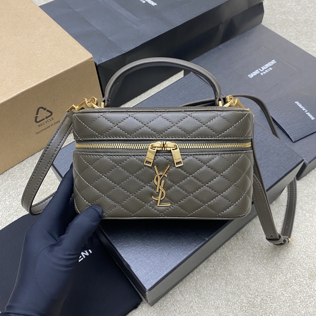 Yves Saint Laurent Mini Leren Schoudertas met Ruitpatroon - Olijfgroen