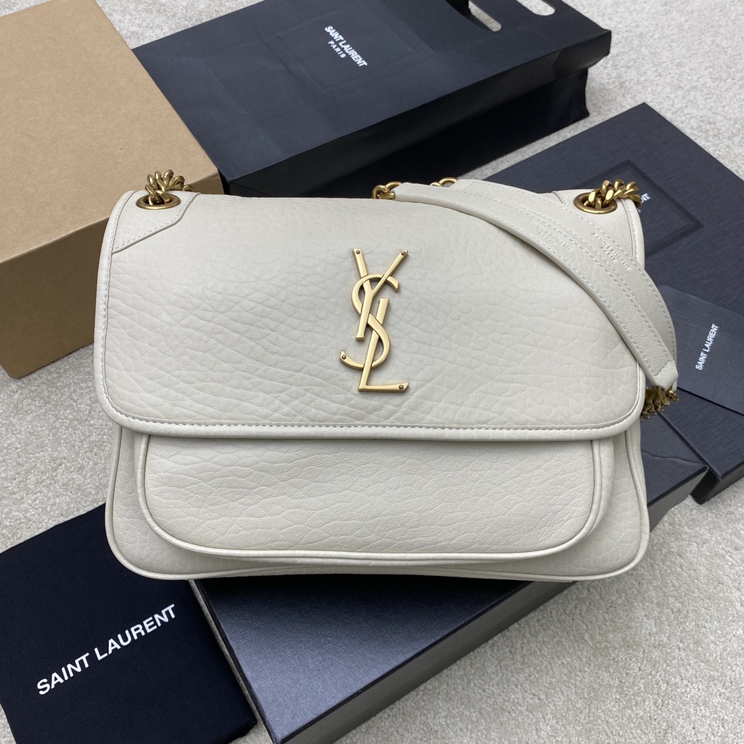 Saint Laurent Niki Leather Shoulder Bag with Gold-Tone Hardware, White