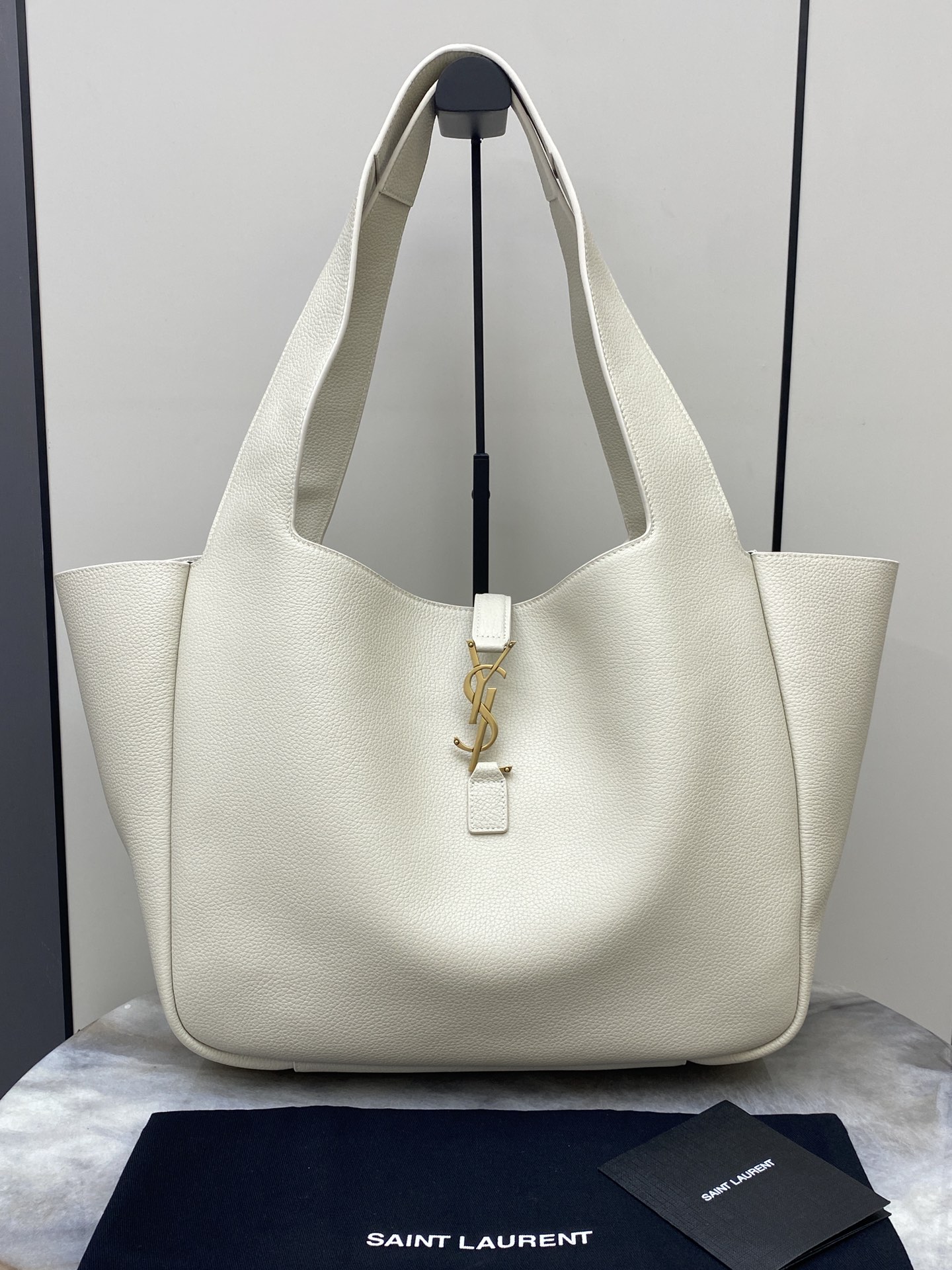 Saint Laurent BEA Tote Bag in White Lychee Leather with Gold Hardware