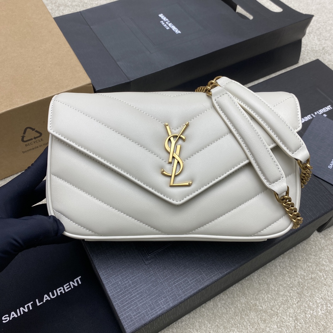 Saint Laurent LouLou Small White Leather Shoulder Bag with Gold Hardware