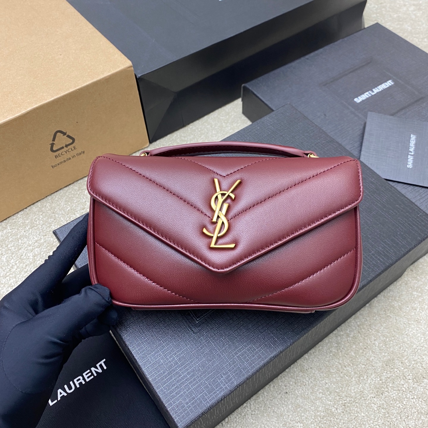 Saint Laurent LouLou Mini Maroon Leather Shoulder Bag with Gold Hardware