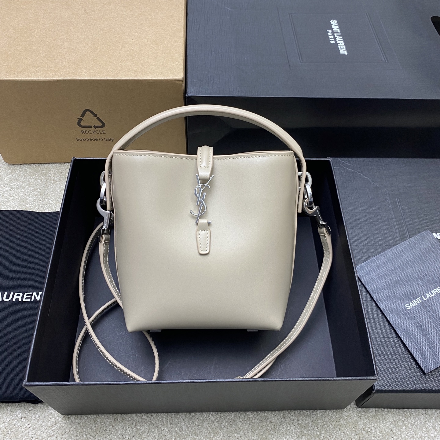 Yves Saint Laurent Le 37 Mini Bucket Bag in Sea Salt Gray Leather