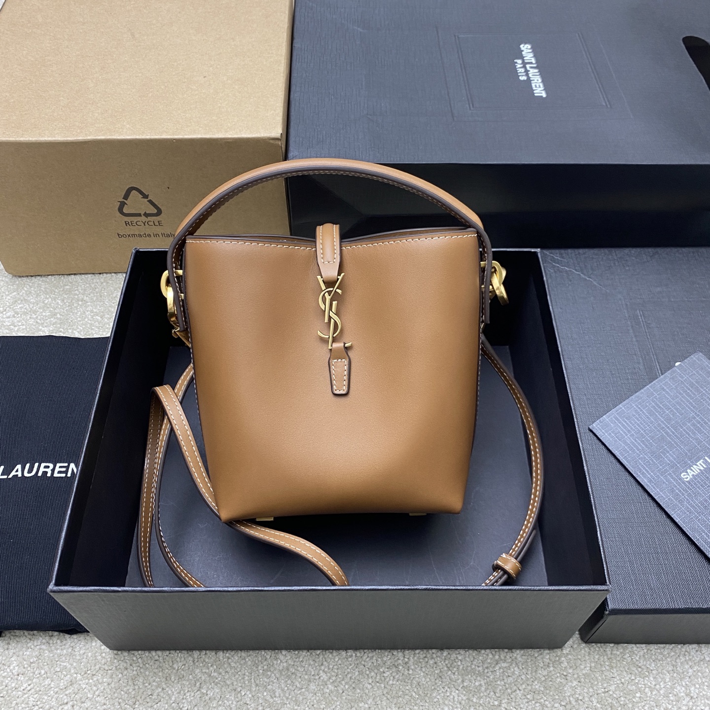 Saint Laurent Le 37 Mini Bucket Bag in Smooth Leather - Brown/Gold 1 i1742911901856 9727 0 0