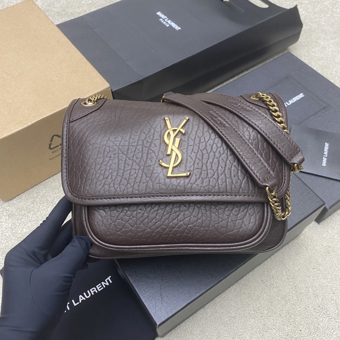 Saint Laurent 大象纹咖啡红/金 新款大象纹小号NIKai正面翻盖手袋 饰以金属 LE CASSANDRE