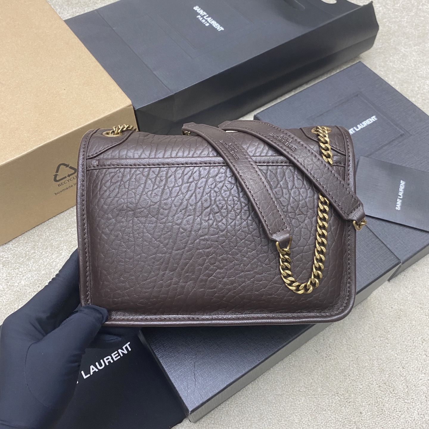 Saint Laurent 大象纹咖啡红/金 新款大象纹小号NIKai正面翻盖手袋 饰以金属 LE CASSANDRE