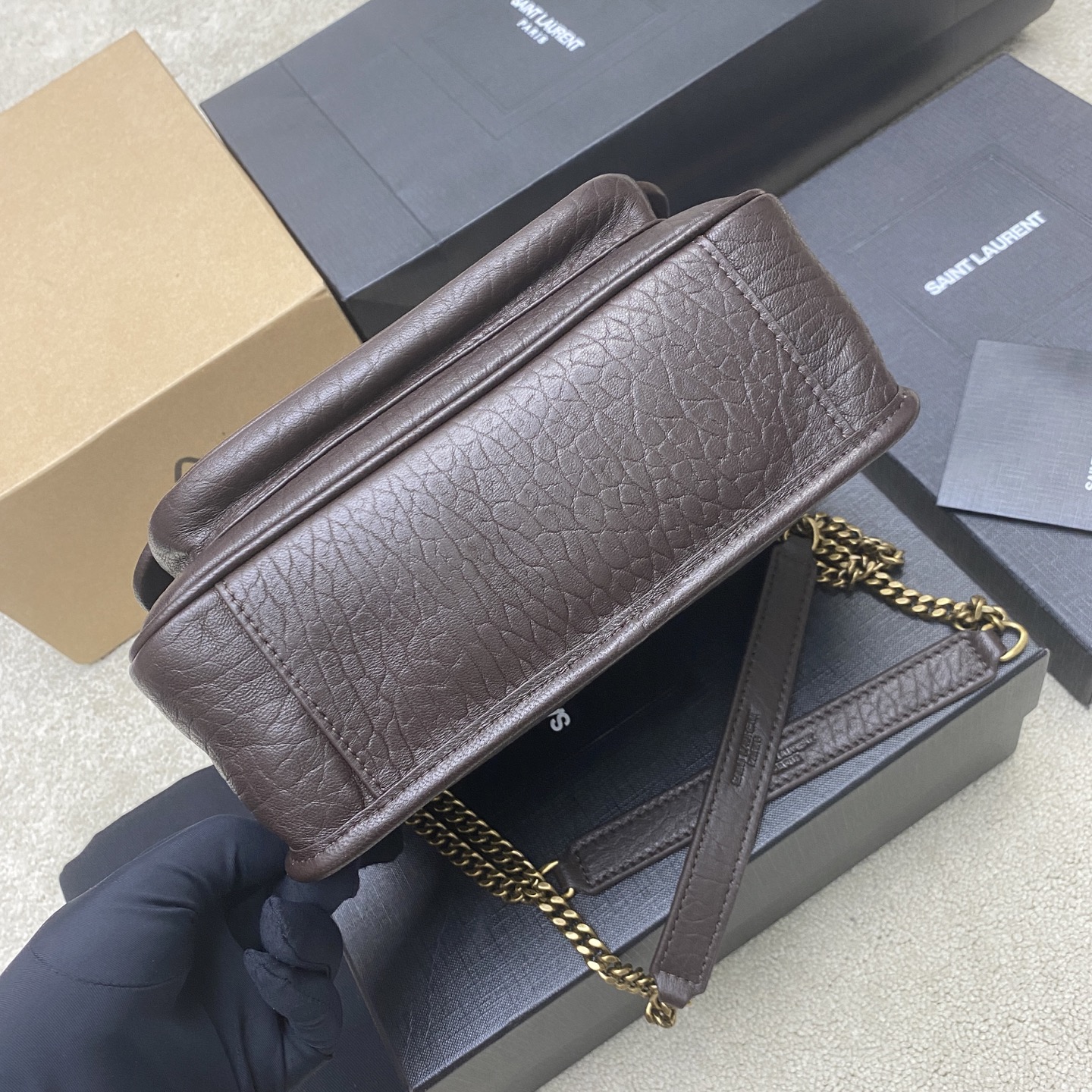Saint Laurent 大象纹咖啡红/金 新款大象纹小号NIKai正面翻盖手袋 饰以金属 LE CASSANDRE